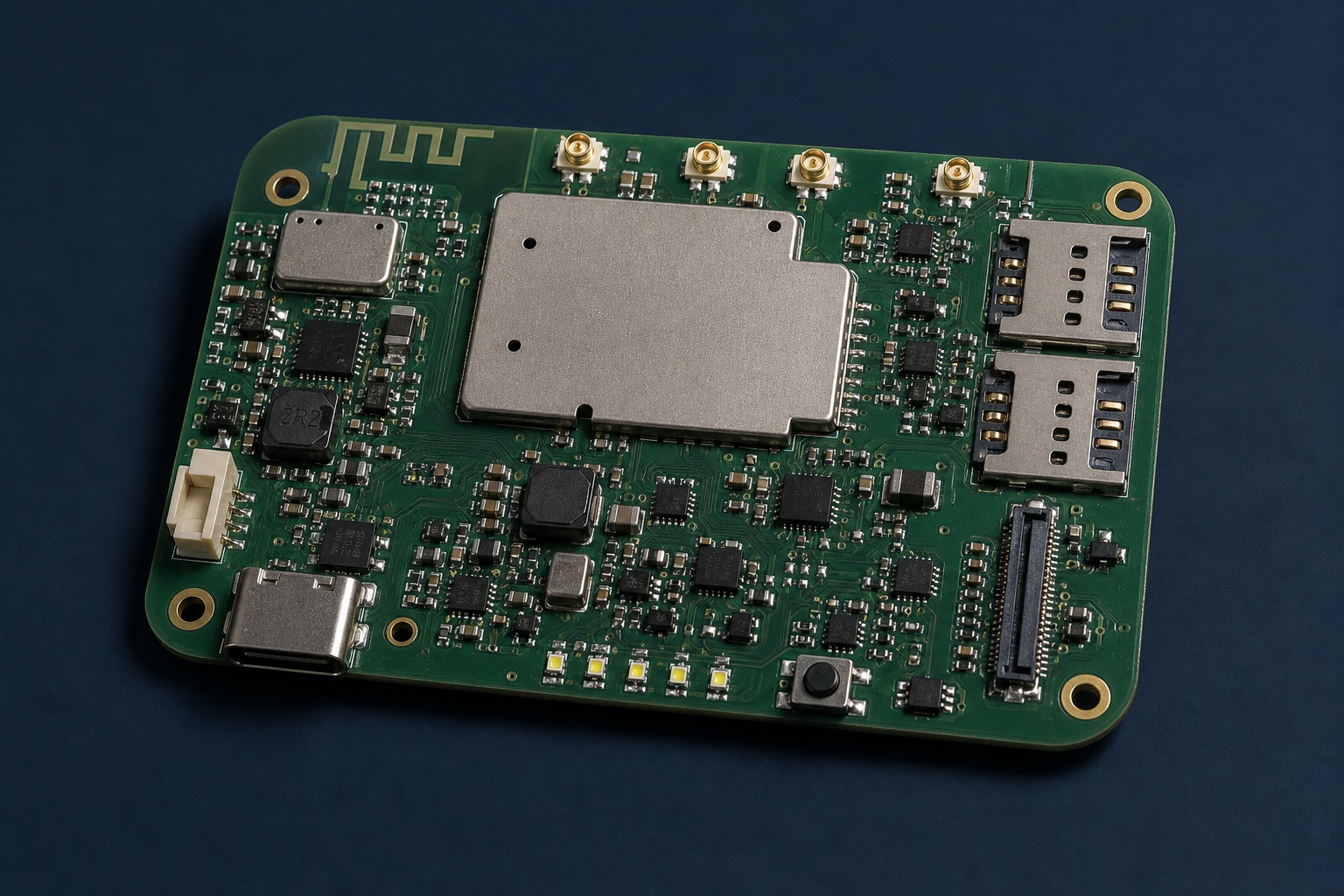 MiFi移动路由器PCB设计效果图，包含蜂窝基带、WiFi射频、双SIM、USB-C、电池充电和电源管理区域